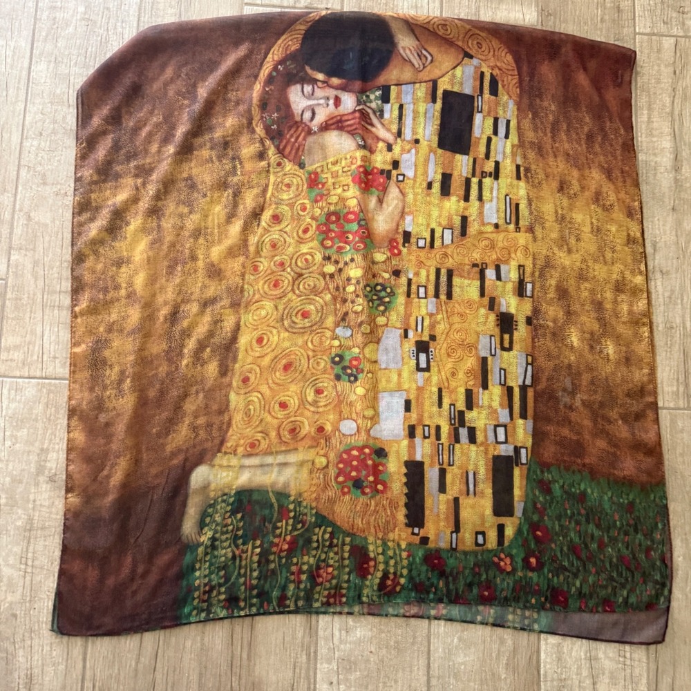 Gustav Klimt The Kiss Art Print Scarf Gold Yellow Brown Lightweight Sheer Arty